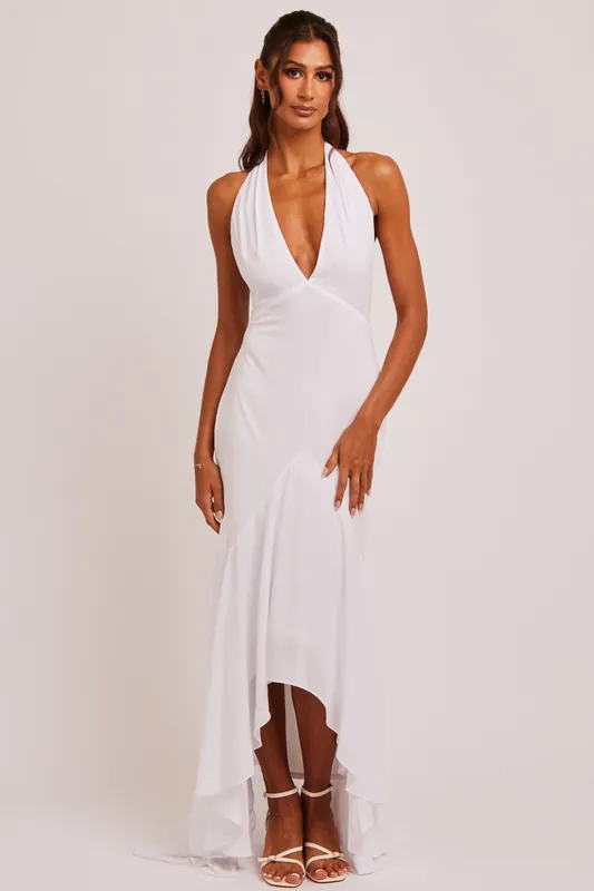Liliana White Plunge Halter Godet Maxi Dress - Jaded Rose