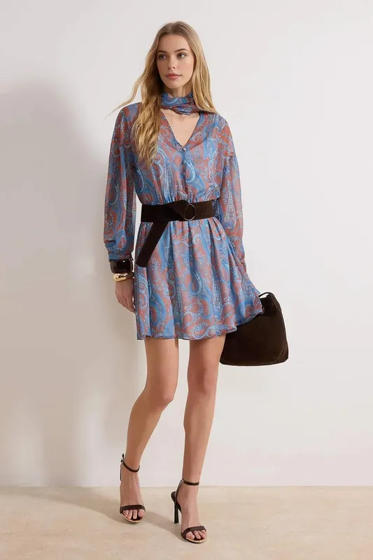 Paisley Print Scarf Detail Belted Mini Dress - WOVCOR