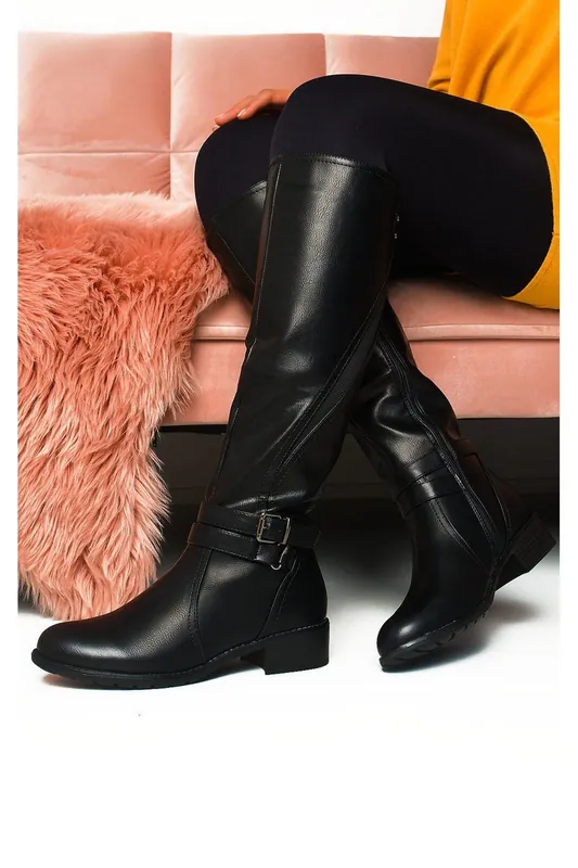 Nina Faux Leather Buckle Knee High Boots - IKRUSH