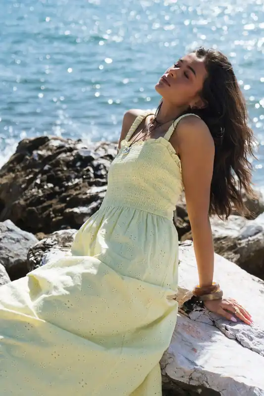 Yellow Embroidered Shierred Bodice Sun Dress - Gini London