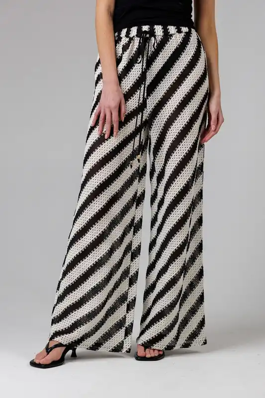 Cotton Blend Stripe Crochet Elasticated Drawstring Wide Leg Trousers - French Connection