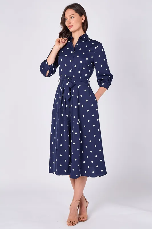 Navy Polka Dot Half Sleeve Midi Shirt Dress - Love Sunshine