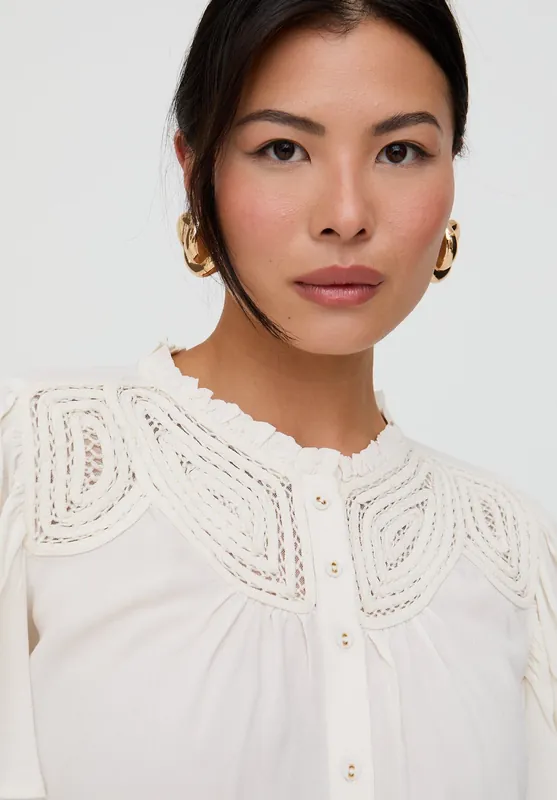 Kew Lace Insert Angel Sleeve Shirt In Cream - Lily and Lionel