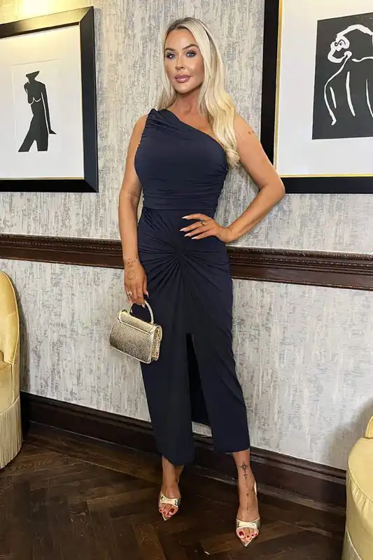 Navy One Shoulder Knot Skirt Midi Dress - AX Paris