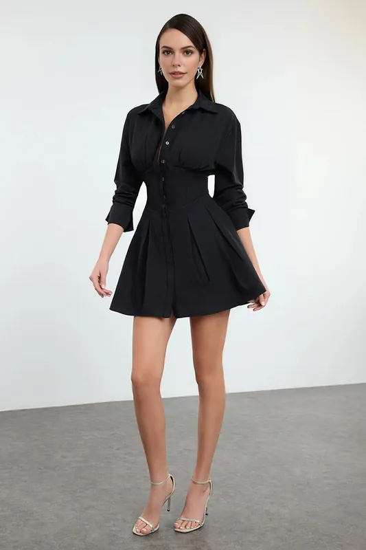 Short Poplin Evening Dress with Corset Detail - WOVCOR