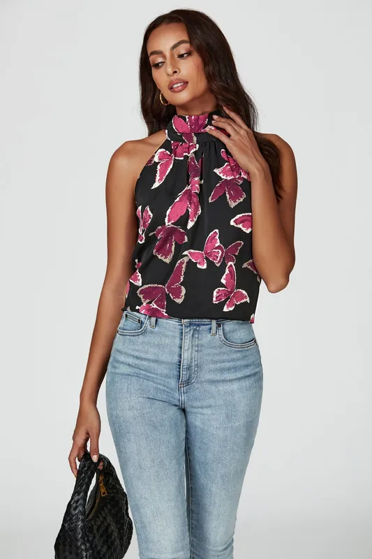 Butterfly Print Halter Neck Tie Back Top In Black - FS Collection