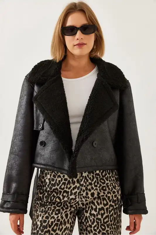 Faux Leather Crop Jacket with Shawl Collar - Bianco Lucci