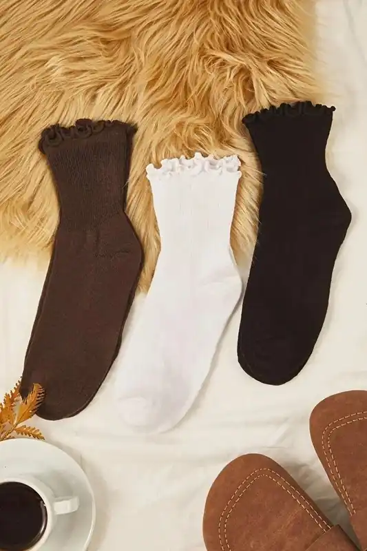 Three Pack Cotton Ribbed Knit Socks with Lettuce Edge Detail - WOVCOR