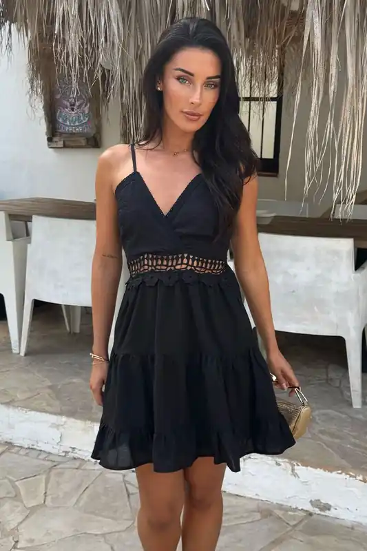 Black Open Tie Back Crochet Detail Tiered Mini Dress - AX Paris