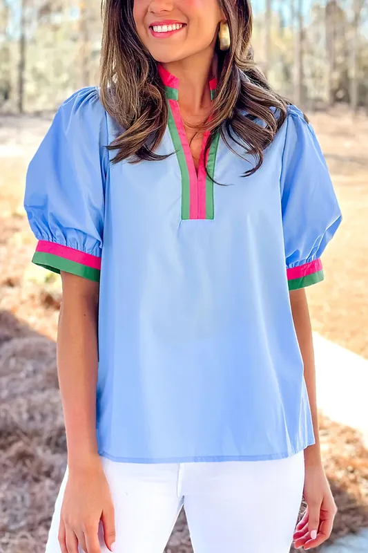 Sky Blue Contrast Striped V Neck Collision Short Puff Sleeve Blouse - Everyday The Label