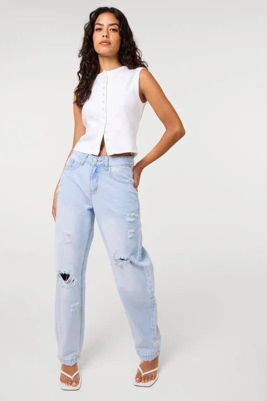 Light Blue Ripped Washed Barrel Jeans - Pink Vanilla
