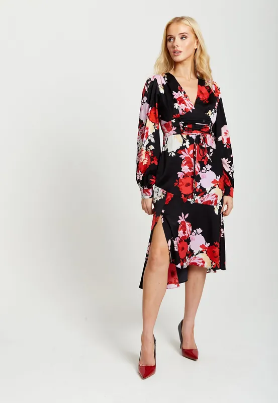 Rose Print Midi Lace Up Dress In Red And Pink - Liquorish