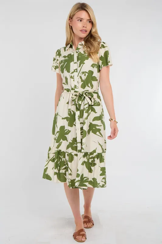 Green Botanical Leaf Print Tiered Midi Shirt Dress - Love Sunshine