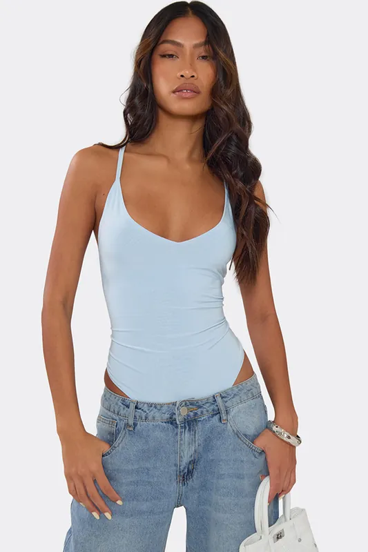 Strappy V-neck Cross Back Slinky Bodysuit