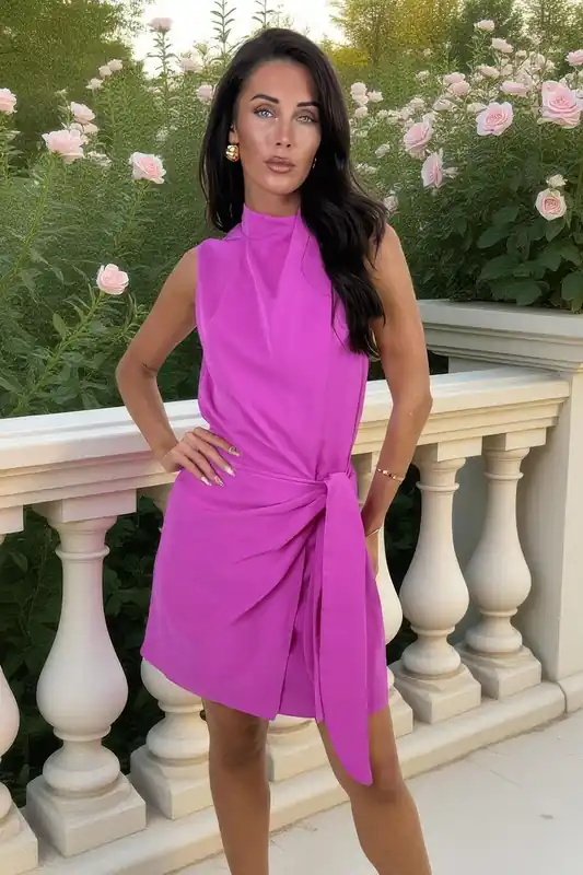 Hot Pink Asymmetric Neck Tie Waist Mini Dress - AX Paris
