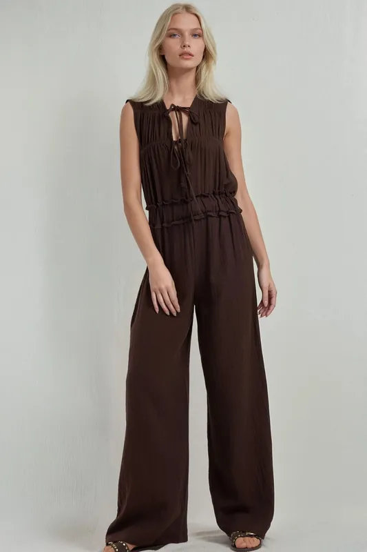 Textured Wide Leg Jumpsuit with Crew Neck - Hiccup