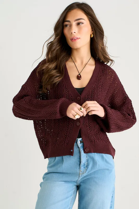 Chocolate Crochet Knit Long Sleeves Cardigan - Gini London