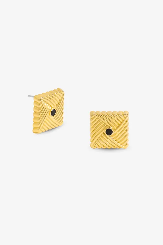 Gold Plated Ridge And Jet Square Earrings - Jon Richard
