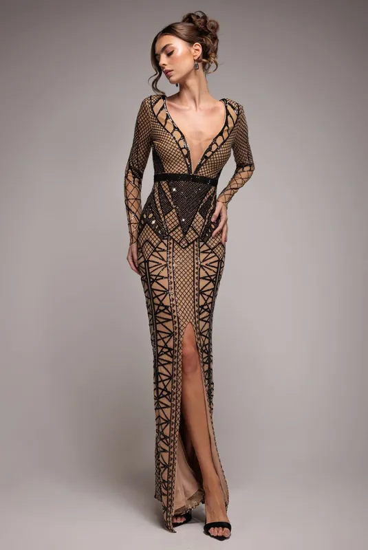 Geometric Sequin Plunge Maxi - Goddiva