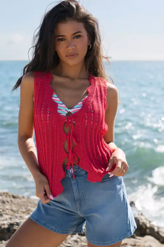Pink Scallop Crochet Tie Front Waistcoat - Gini London