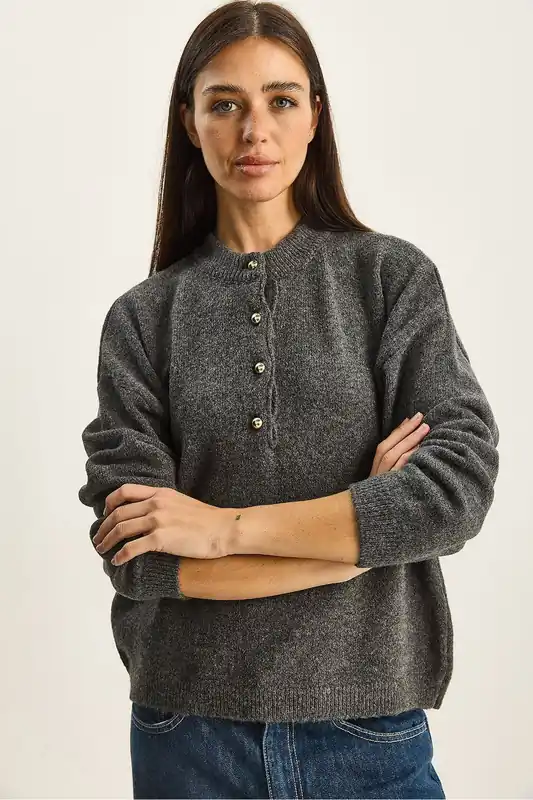 Button Collar Knit Sweater - Bianco Lucci