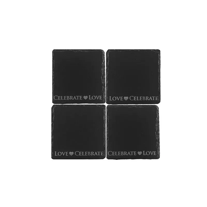 Set Of 4 Slate Coasters With Love & Celebrate. 11Cm X 11Cm Square Coasters. Full Foam Backing. - Selbrae House