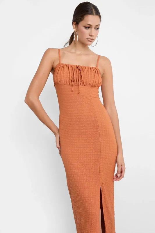 Square Neck Spaghetti Strap Tie Front Midi Dress with Side Slit - Hiccup