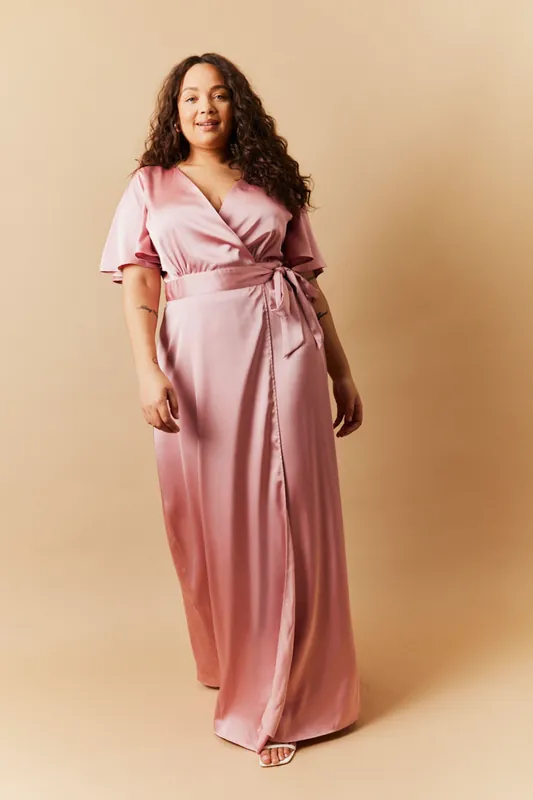 Satin Wrap Tie Angel Sleeve Maxi Dress - In The Style