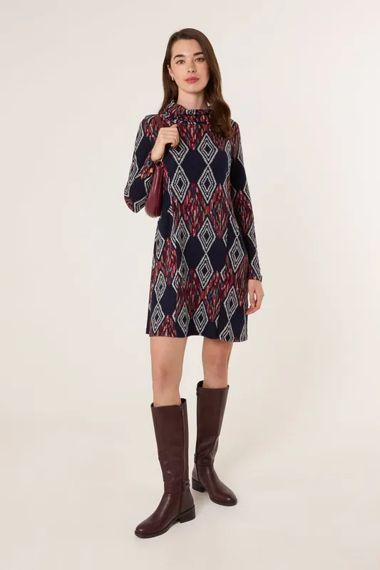 Navy Printed Draped Cowl Neck Long Sleeve Dress - Blue Vanilla