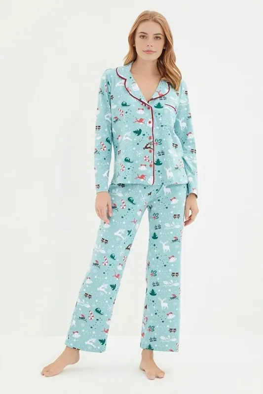 Reindeer Print Collared Long Sleeve Top & Lounge Pyjama Set - WOVCOR