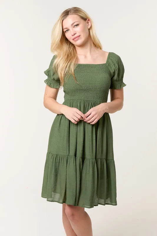 Khaki Shirred Puff Sleeve Mini Dress - Blue Vanilla