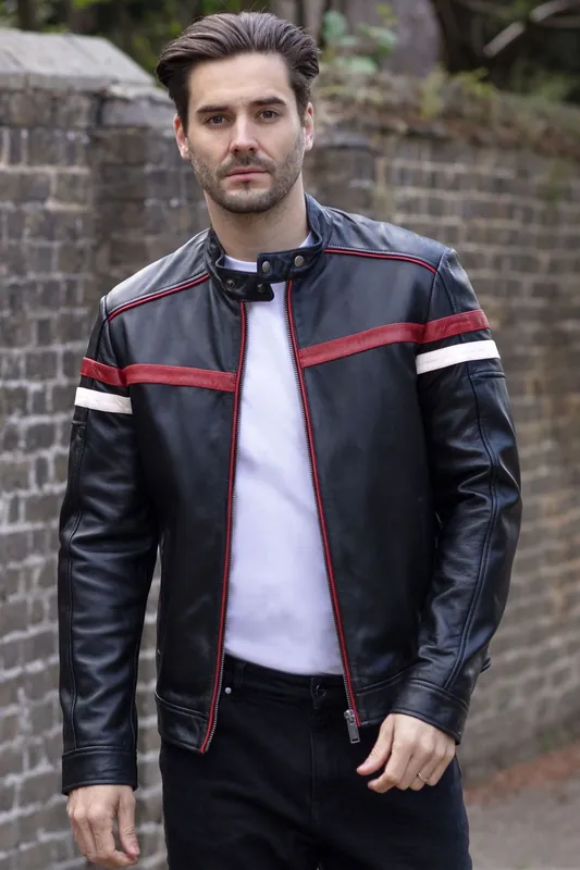 Boxer' Real Leather Biker Jacket with Red & White Stripe Details - Ashwood Leather