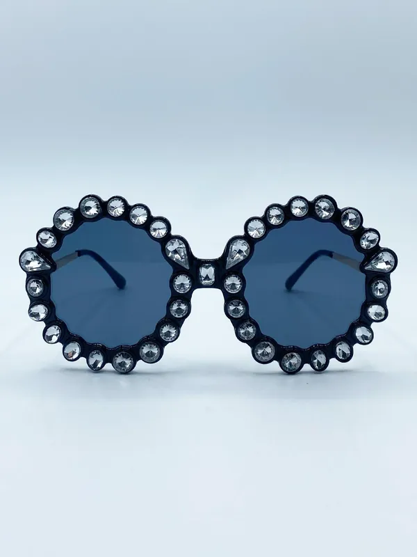 Round Floral Gem Novelty Sunglasses in Black - SVNX