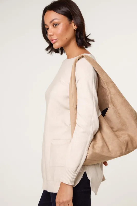 Beige Pocket Slash Scoop Neck Jumper - Blue Vanilla