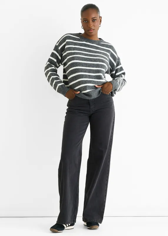 Grey Stripe Chunky Knit Oversized Jumper - Gini London