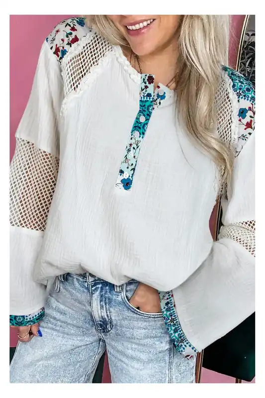 White Plant Mesh Patched Color Block Half Button Blouse - Everyday The Label
