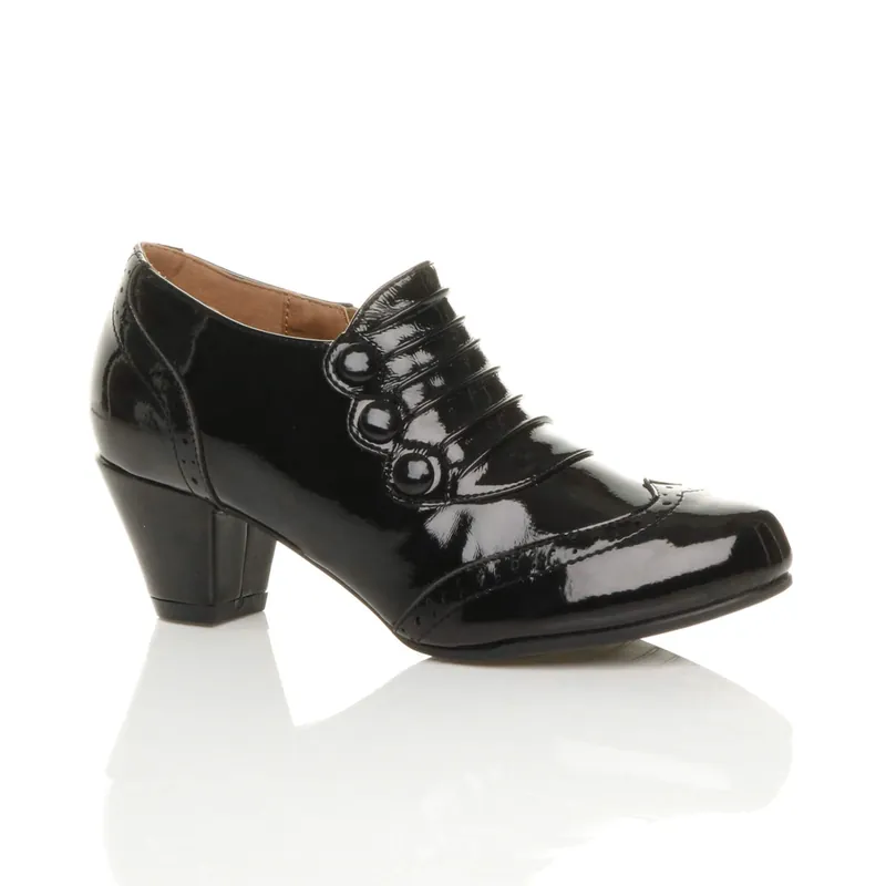Mid Cuban Heel Brogue Button Ankle Boots - AJVANI