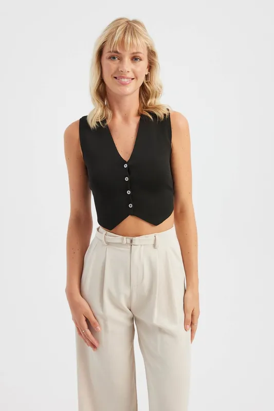 Sleeveless Cropped Knitted Sweater Vest - Hiccup