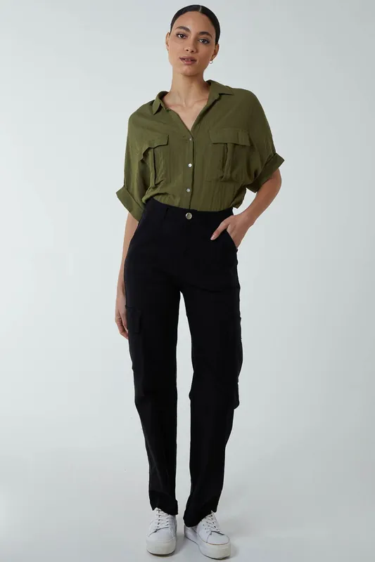 Straight Leg Pocket Detail Cargo Jeans - Blue Vanilla