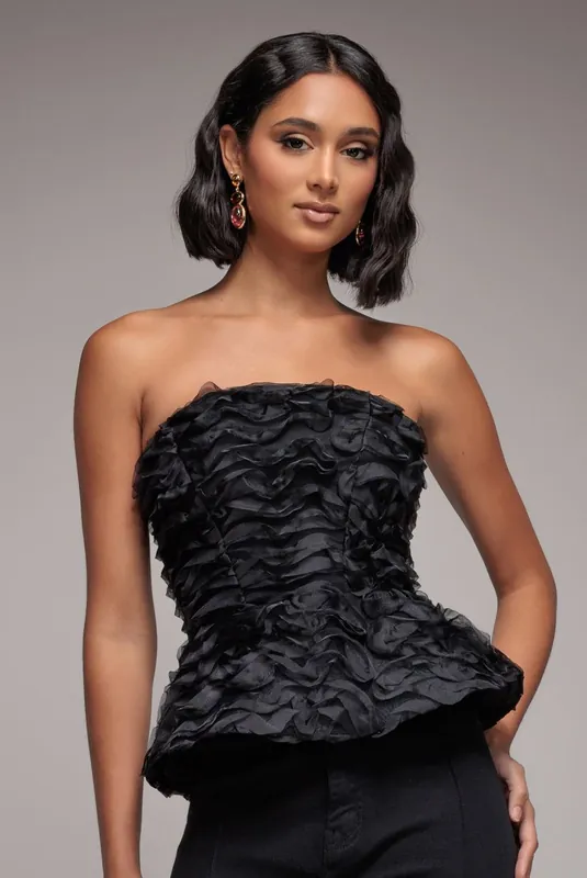 Peplum 3D Textured Boob Tube Lace Up Corset - Goddiva