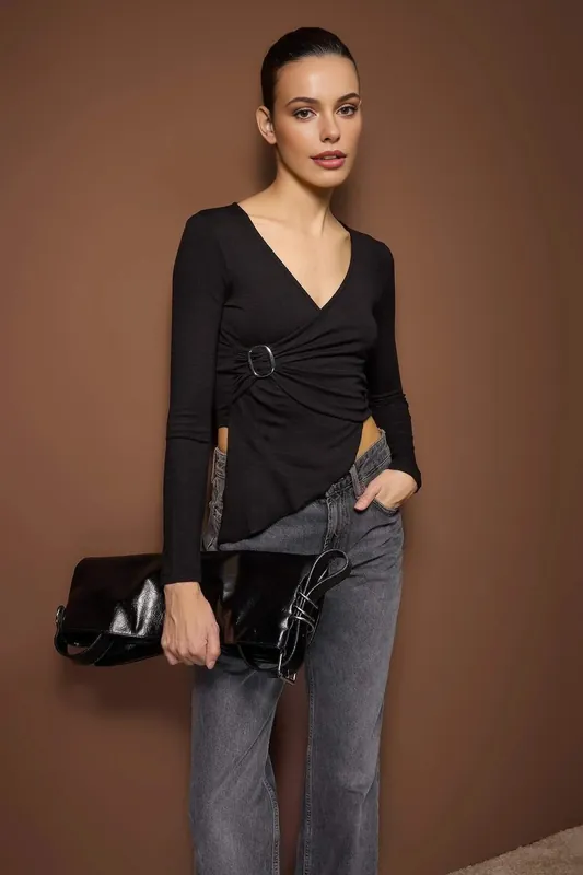 Asymmetric Wrap Front Stretch Knit Blouse with Hardware Detail - WOVCOR