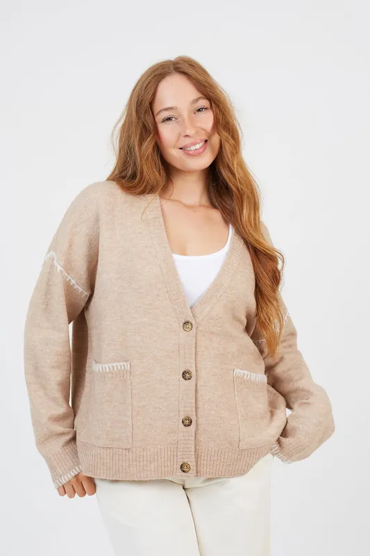 Contrast Stitch Button Through V-neck Cardigan