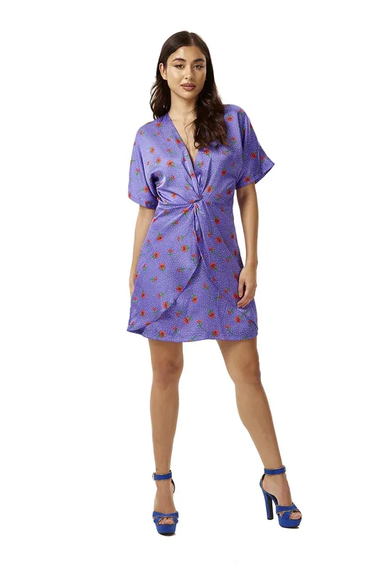 Purple Floral Knot Front Mini Dress - Liquorish
