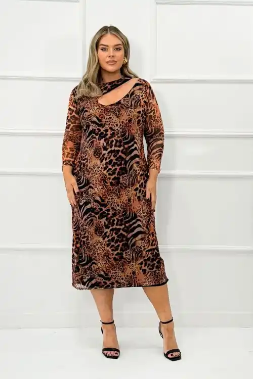 Curve Animal Print Cut Out Detail Mesh Midaxi Dress - FASHION-SZN