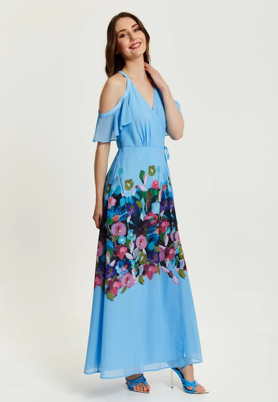 Floral Print Maxi Wrap Dress With Frill Details in Blue - Liquorish