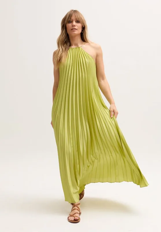 Philomena Halter Neck Pleated Maxi Dress In Orange - Lily and Lionel