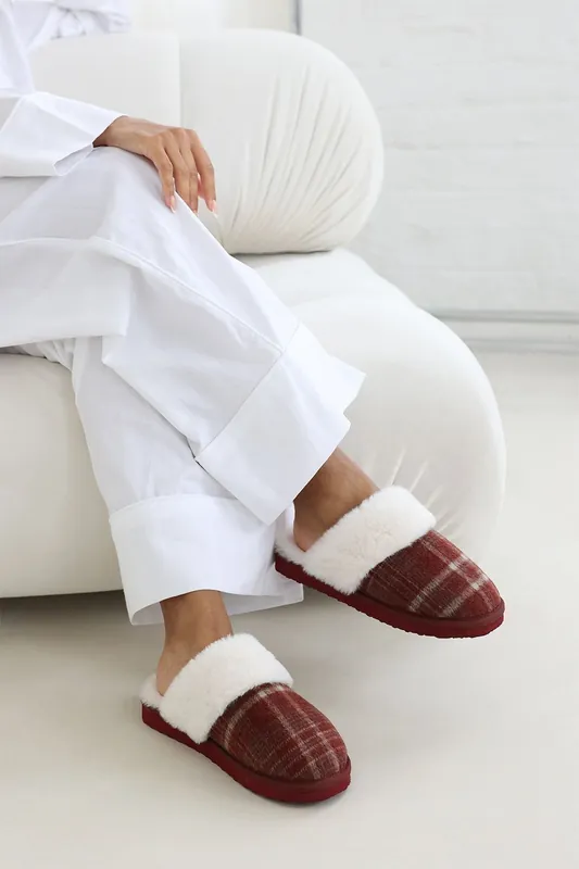 Jemima' Tartan Mule Slippers with Faux Fur Trim - Where's That From