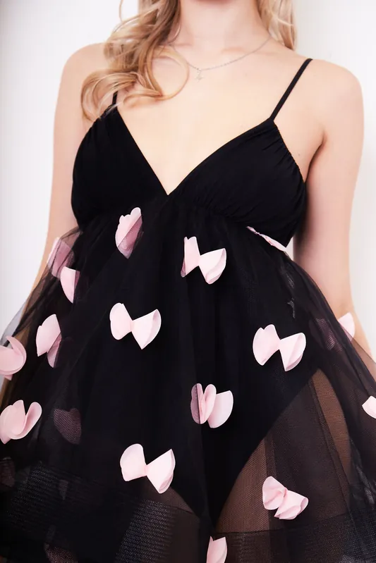 Loli Black and Pink 3D Floral Mini Babydoll Dress - Jaded Rose
