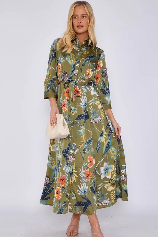 Botanical Print Satin Maxi Shirt Dress - Love Sunshine