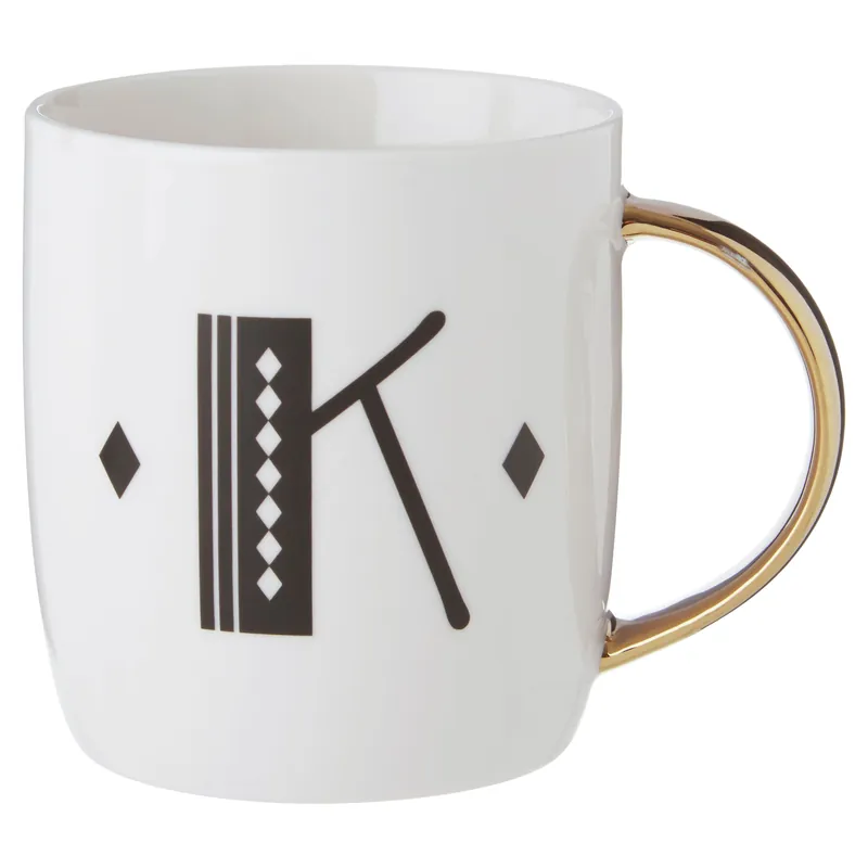 Diamond Deco K Letter Monogram Mug,Durable Bone China Coffee Mug,Reusable Coffee Cup With Gold Finish Handle - Orsina